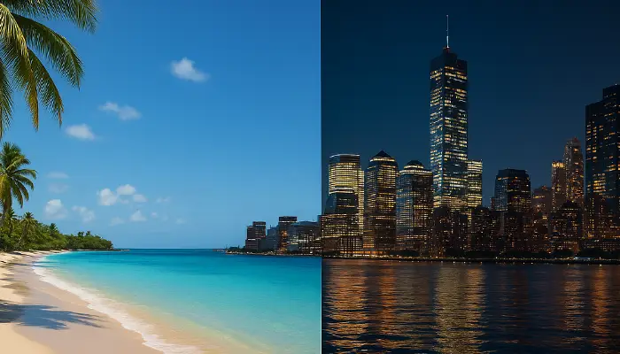 City lights and tropical beach