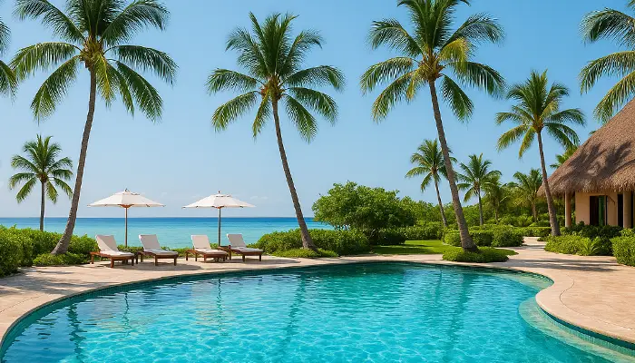 Tropical resort pool and palms